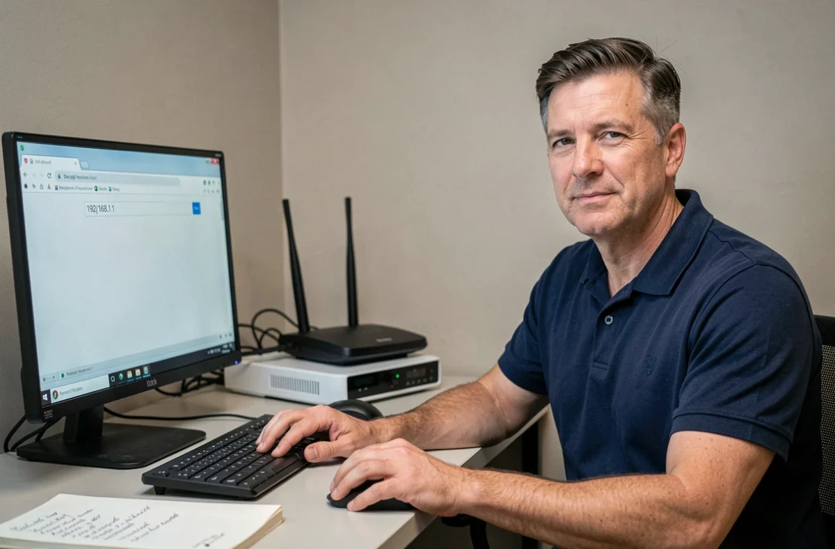 Homme accédant à l'interface d'administration de son routeur en tapant l'adresse 192.168.1.1 dans un navigateur web sur ordinateur de bureau