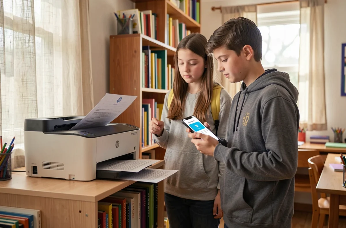 Deux adolescents utilisant une imprimante HP partagée en réseau pour imprimer un document depuis un smartphone dans une chambre