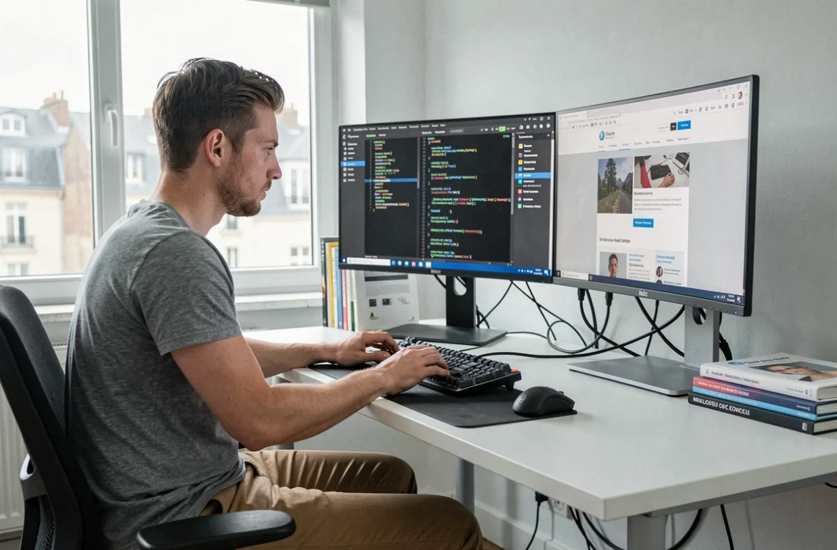 Développeur de l'agence Digital Plus à Chalon-sur-Saône travaillant sur un prototype de site web avec deux écrans ultralarges