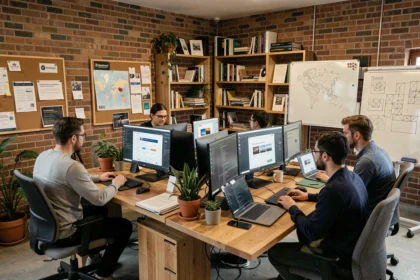 Vue d'ensemble d'une agence de développement web moderne en Saône-et-Loire avec des développeurs collaborant autour de monitors affichant des maquettes de sites internet