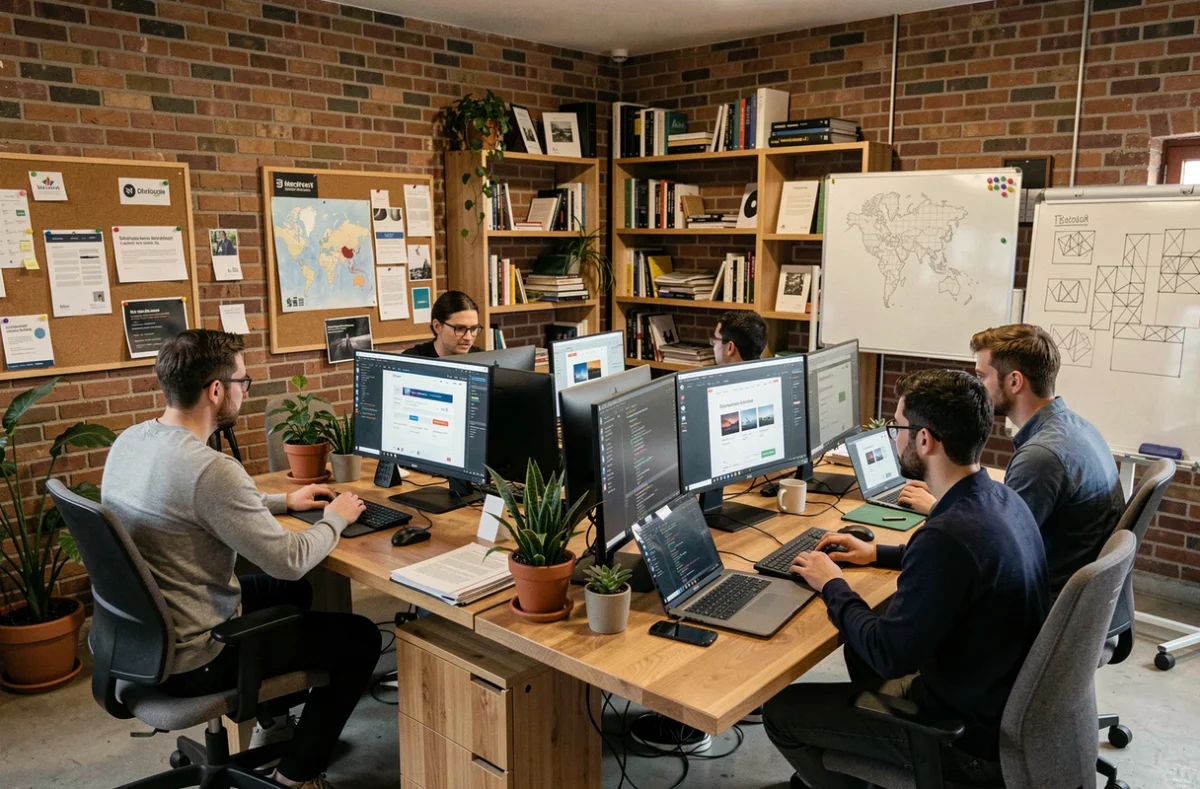 Vue d'ensemble d'une agence de développement web moderne en Saône-et-Loire avec des développeurs collaborant autour de monitors affichant des maquettes de sites internet