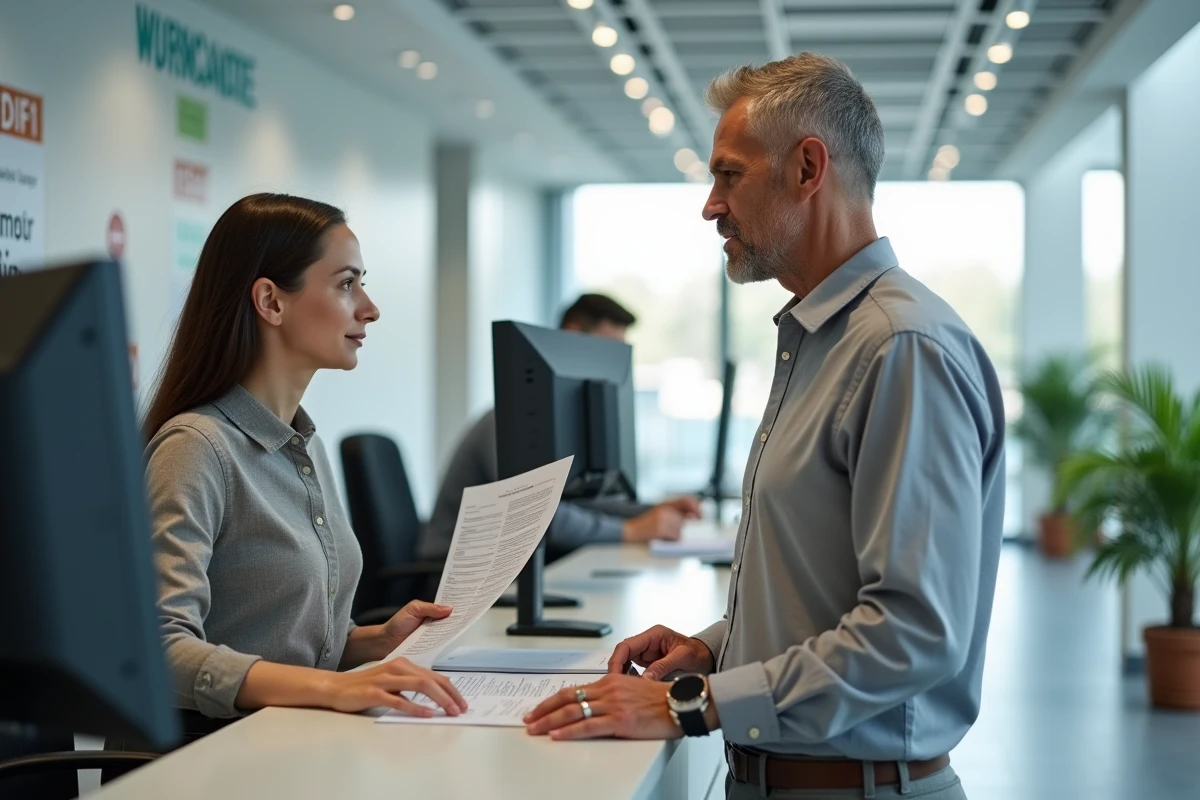 Agent administratif aidant un collègue au bureau d'assistance de l'intranet Normandie avec annuaire des contacts internes