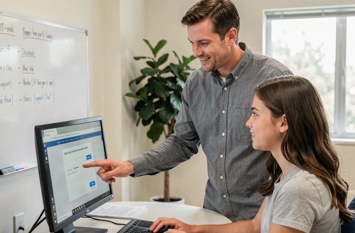 Agent informatique aidant une étudiante à configurer sa première connexion au mail académique de l'université de Lille dans un bureau administratif
