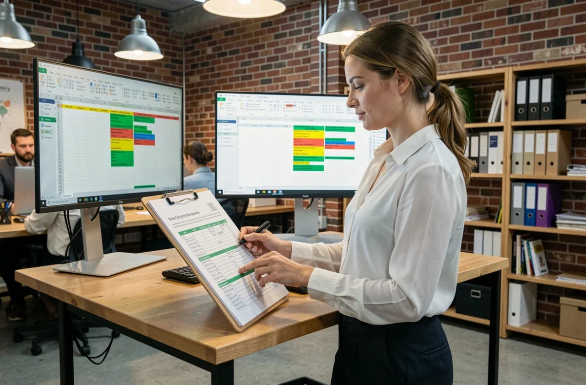Professionnelle consultant un tableau Excel imprimé avec alertes d'anniversaires et mise en forme conditionnelle dans un espace de coworking