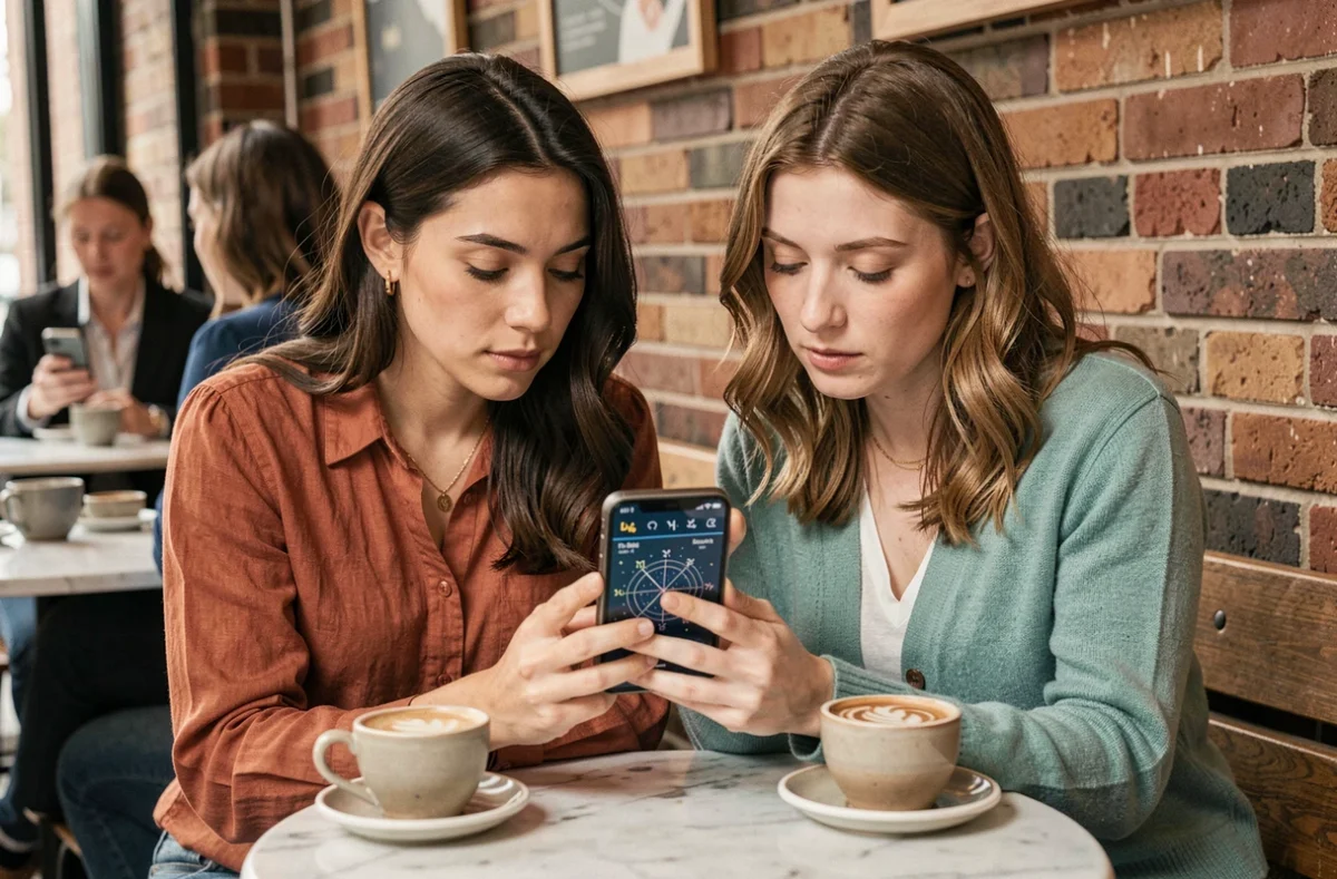 Deux amies dans un café consultant ensemble un calculateur de compatibilité des signes astrologiques sur smartphone