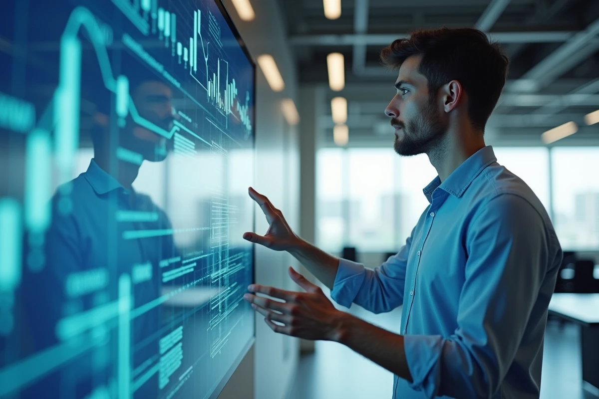 Jeune analyste de données pointant un graphique sur un écran