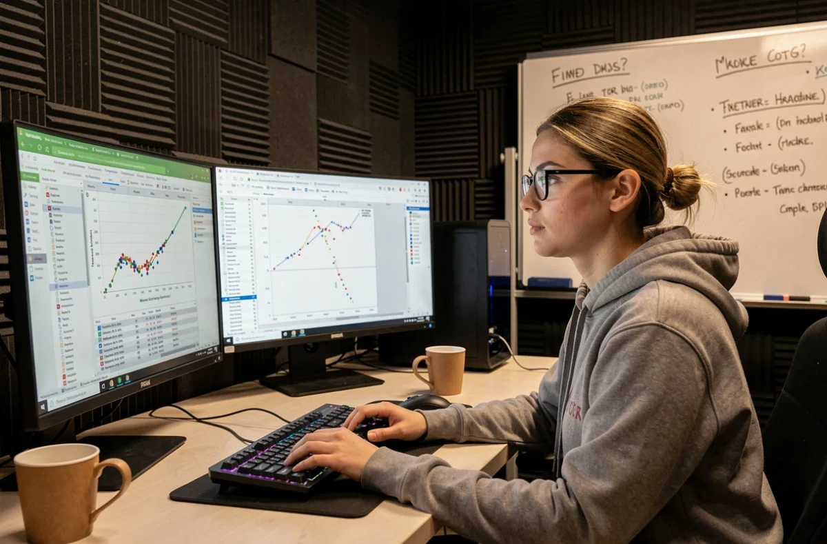 Analyste esports féminine étudiant les statistiques de sensibilité souris des joueurs Radiant VALORANT sur plusieurs écrans dans un bureau d'équipe professionnelle