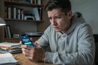 Homme inquiet regardant un faux numéro de service client Sony PlayStation sur son smartphone