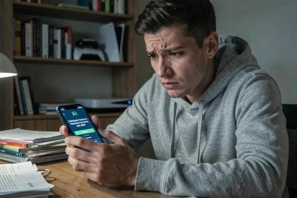 Homme inquiet regardant un faux numéro de service client Sony PlayStation sur son smartphone