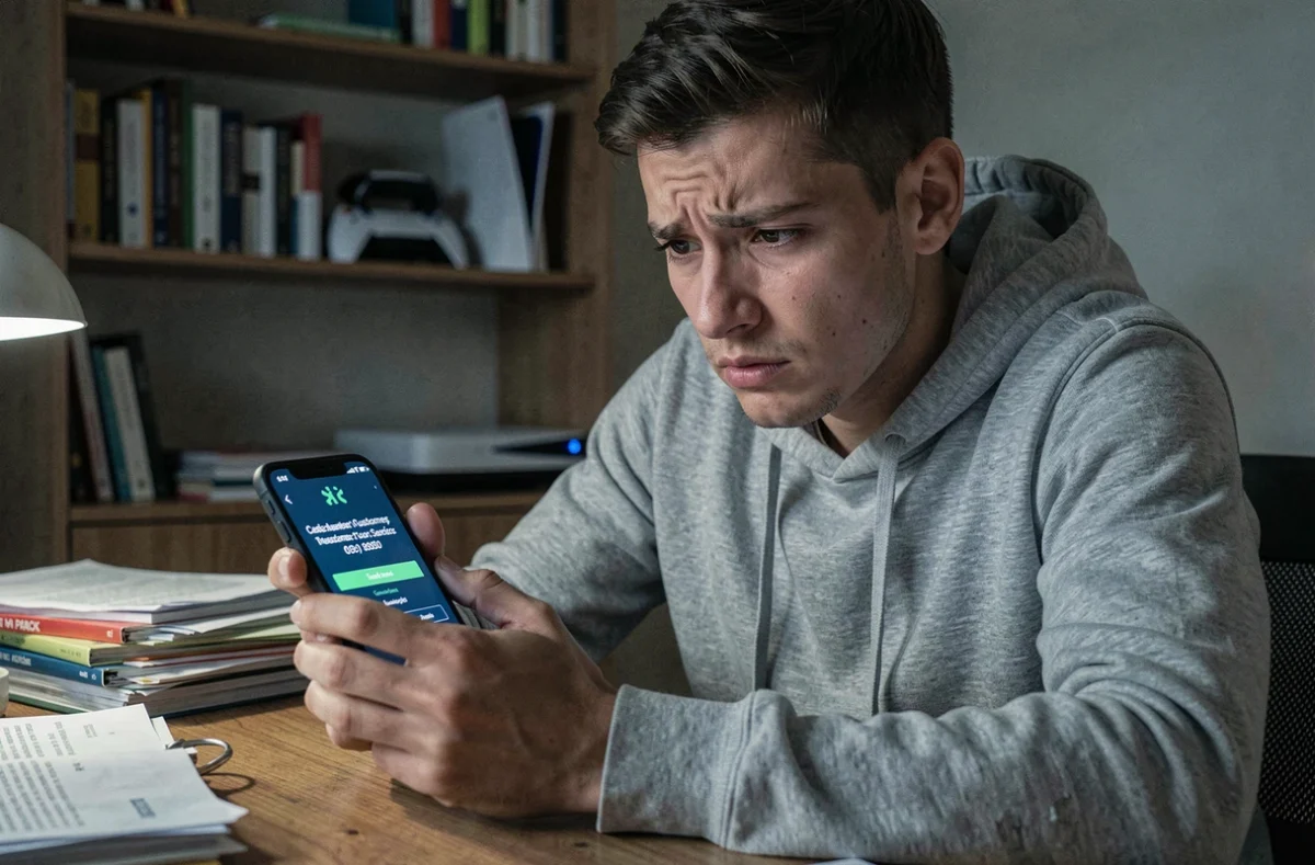 Homme inquiet regardant un faux numéro de service client Sony PlayStation sur son smartphone