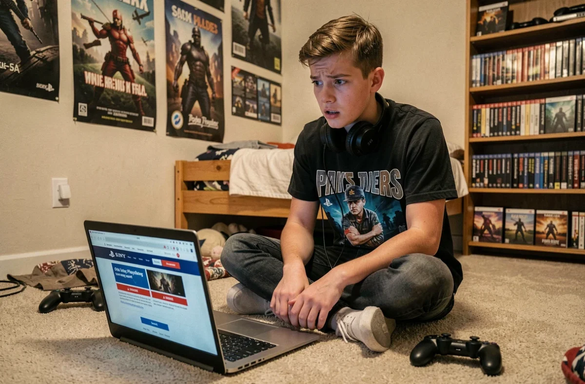 Adolescent découvrant une fausse page de support Sony PlayStation sur son ordinateur portable