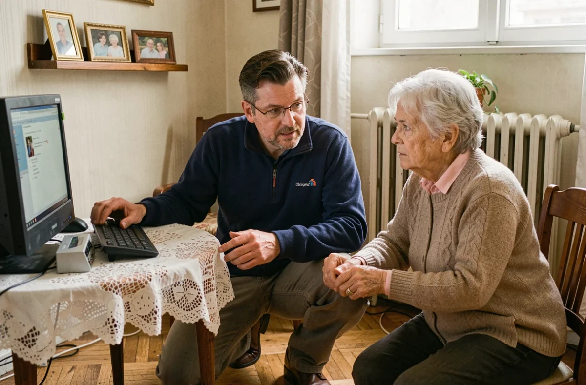 Technicien d'Assistance Informatique pour Particuliers aidant un client à domicile à Tours