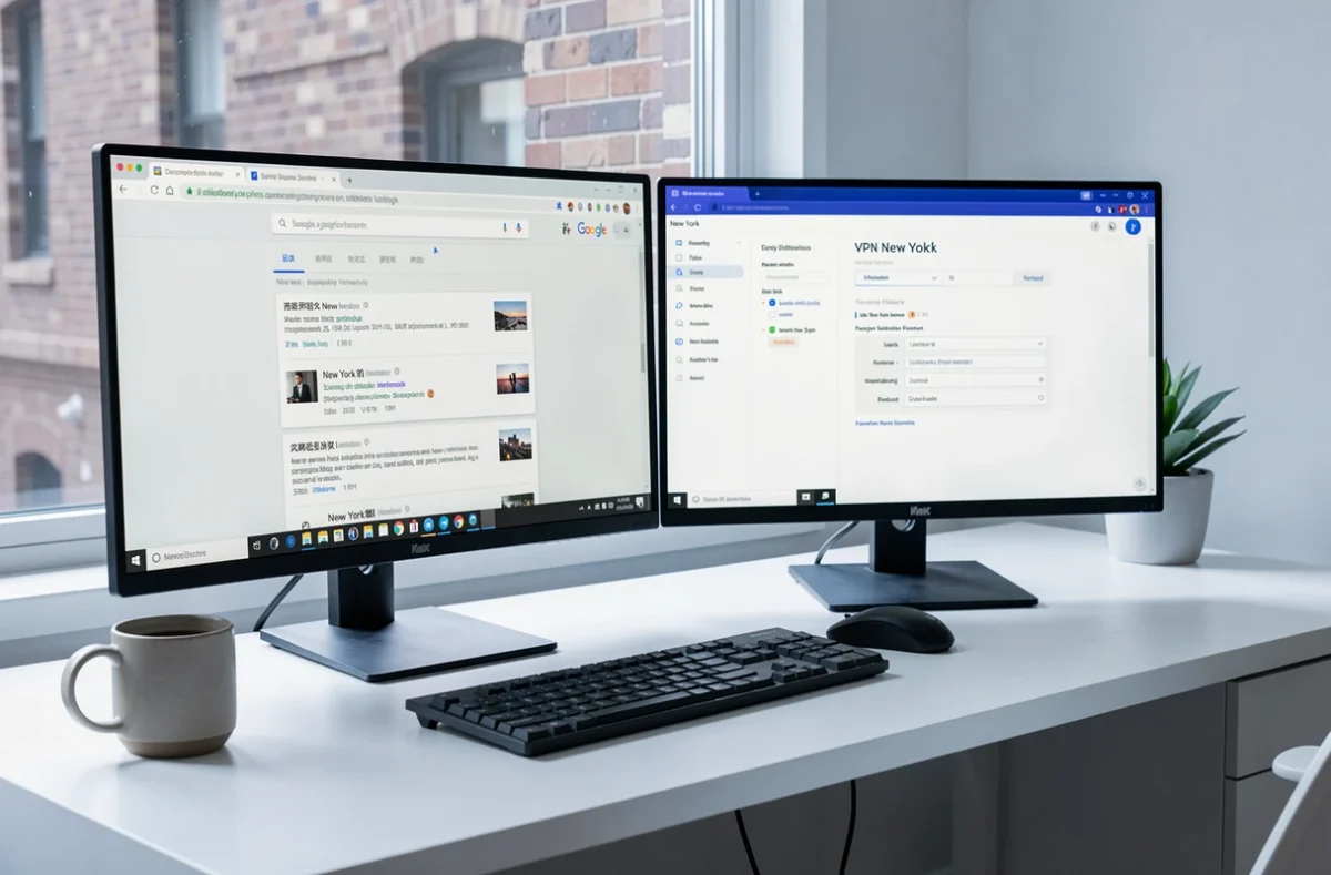 Bureau minimaliste avec deux écrans affichant une recherche Google simulée depuis New York et un panneau VPN