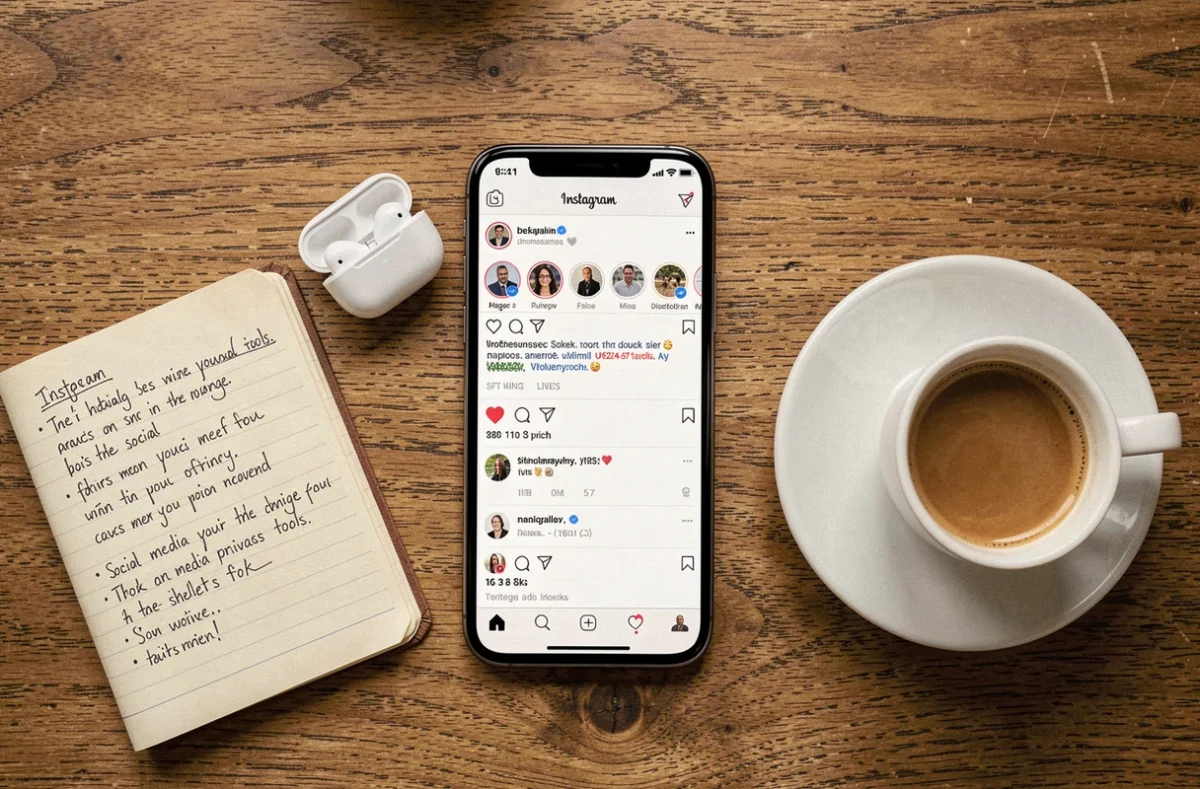 Vue de dessus d'un bureau avec smartphone affichant des stories Instagram et notes sur la confidentialité en ligne