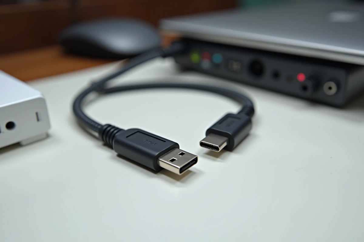 Câble USB B vers USB C posé sur un bureau de studio audio avec interface et ordinateur portable en arrière-plan