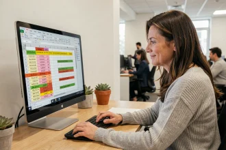 Femme travaillant sur Excel avec un tableau de calcul d'âge et d'alertes d'anniversaires sur un écran d'ordinateur
