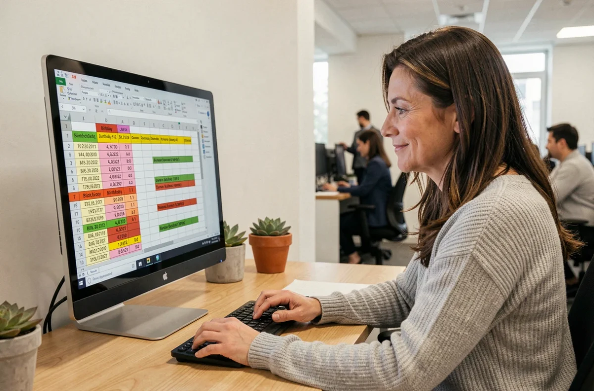 Femme travaillant sur Excel avec un tableau de calcul d'âge et d'alertes d'anniversaires sur un écran d'ordinateur