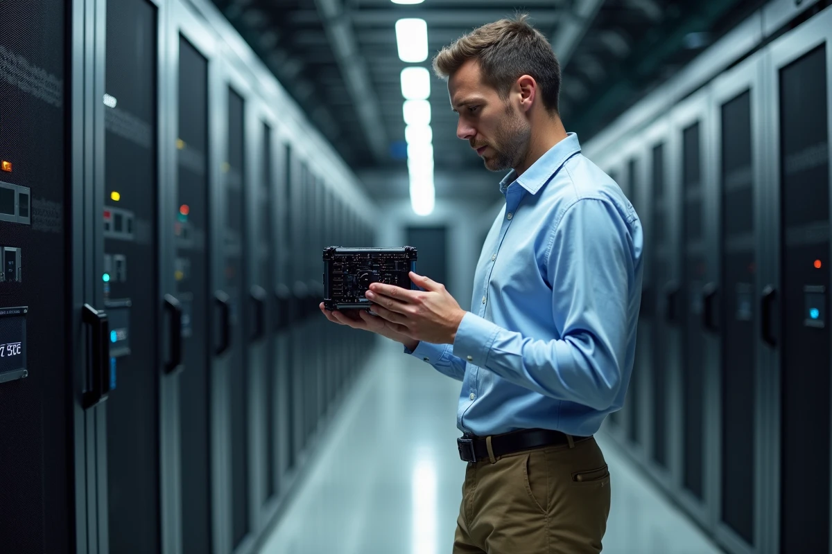 Chercheur homme examinant un ordinateur quantique dans un centre de données