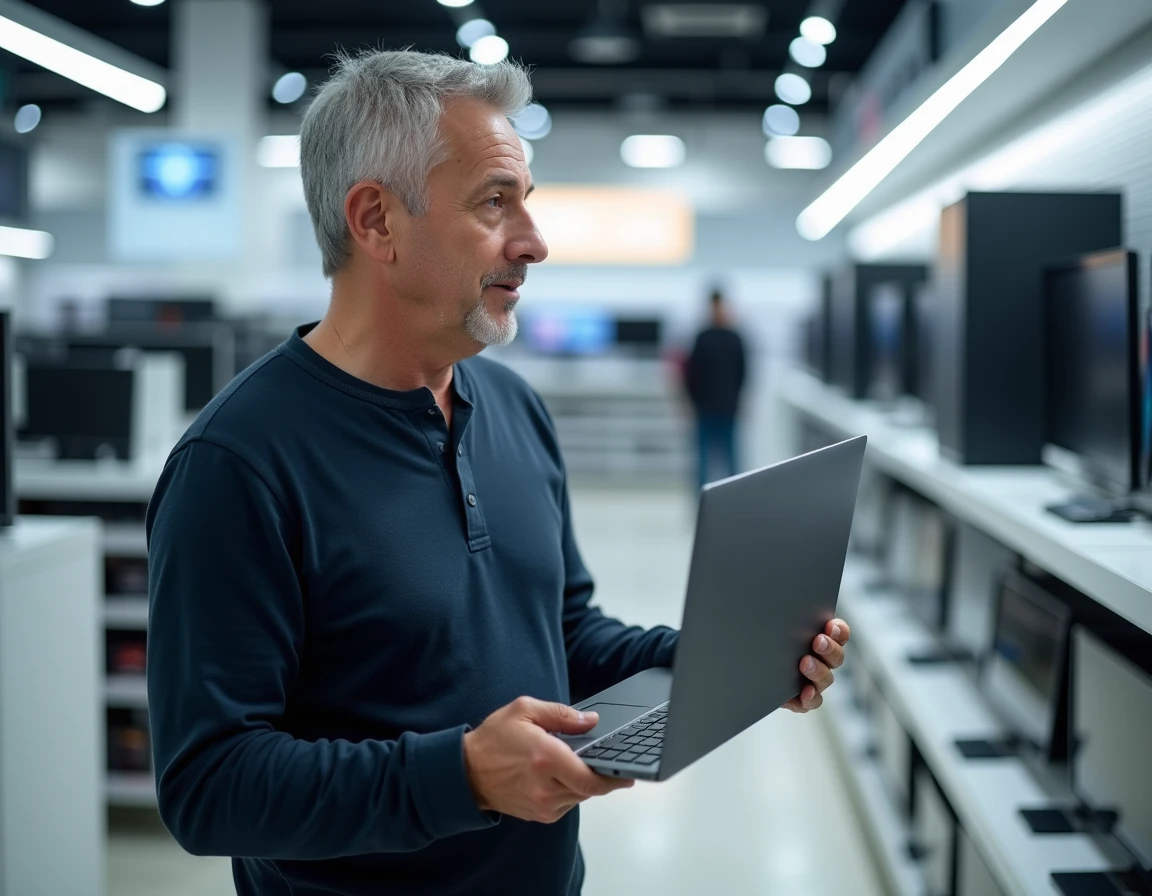 Homme hésitant entre un ordinateur portable et un PC fixe dans un magasin d'informatique