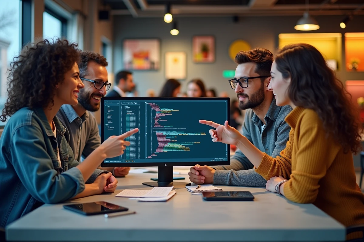 Groupe de développeurs collaborant autour d un écran dans un espace de coworking