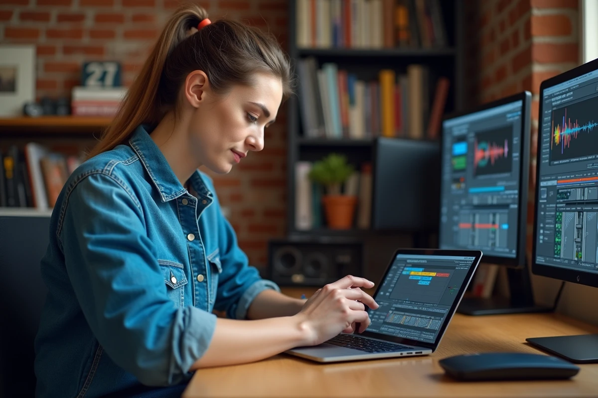 Femme comparant l'application Virtual StudioLive sur tablette avec un nouveau logiciel PreSonus sur ordinateur portable dans un home studio moderne