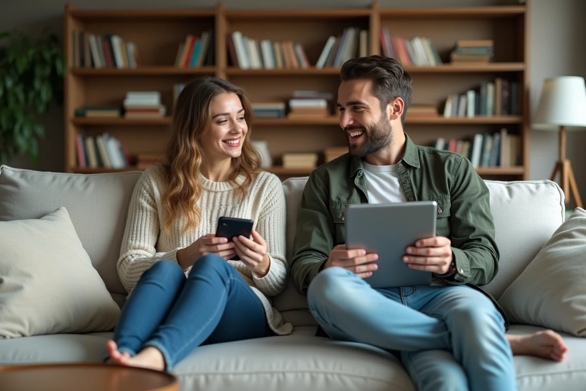 Deux jeunes adultes comparant des navigateurs web sur smartphone et tablette dans un salon moderne