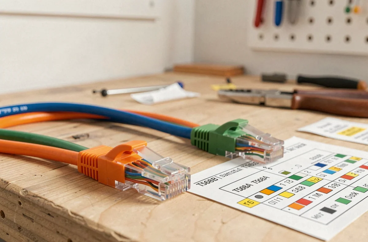 Comparaison des normes de câblage RJ45 T568A et T568B avec connecteurs et schéma de câblage sur un établi
