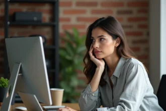 Femme comparant un ordinateur fixe et un ordinateur portable côte à côte dans un bureau à domicile moderne