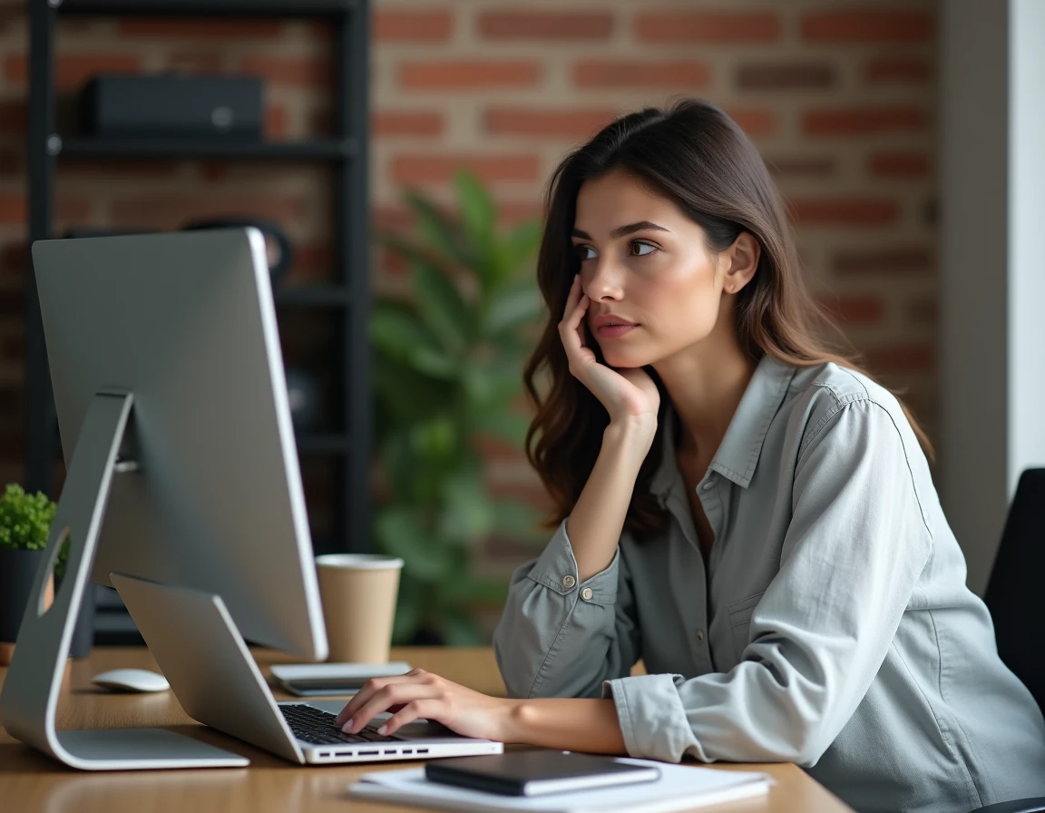 Femme comparant un ordinateur fixe et un ordinateur portable côte à côte dans un bureau à domicile moderne