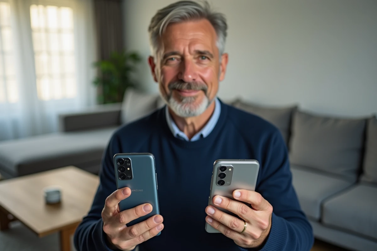 Comparaison entre le Samsung Galaxy A35 5G et un ancien modèle Galaxy tenu par un homme à la maison
