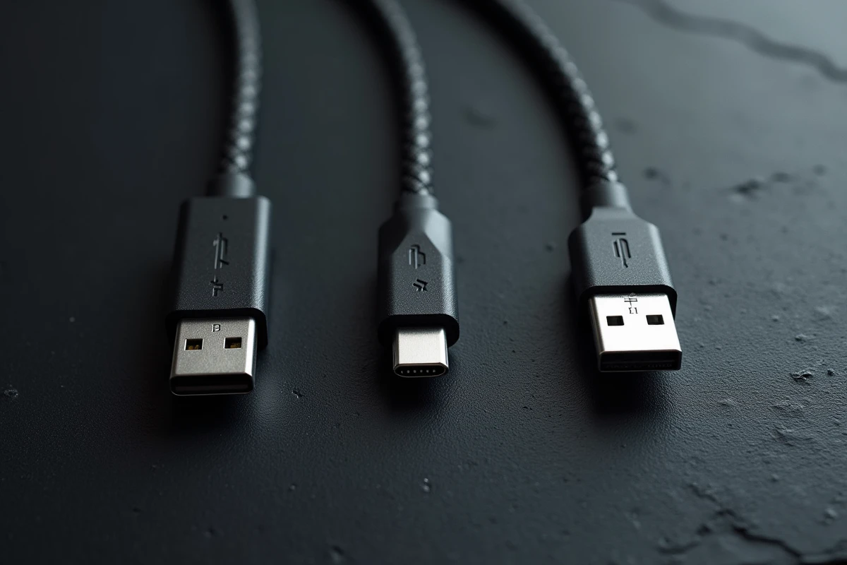 Comparaison de trois types de câbles USB incluant USB B, USB C et USB A sur surface en ardoise
