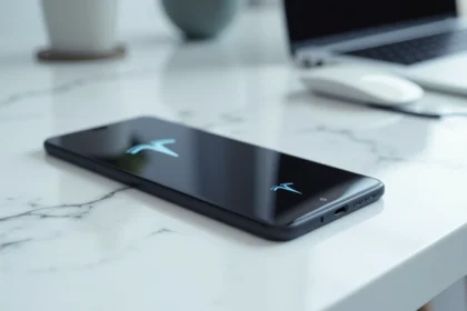 Concept de smartphone Tesla minimaliste posé sur un bureau en marbre blanc dans un studio design