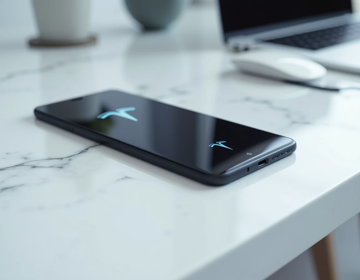 Concept de smartphone Tesla minimaliste posé sur un bureau en marbre blanc dans un studio design