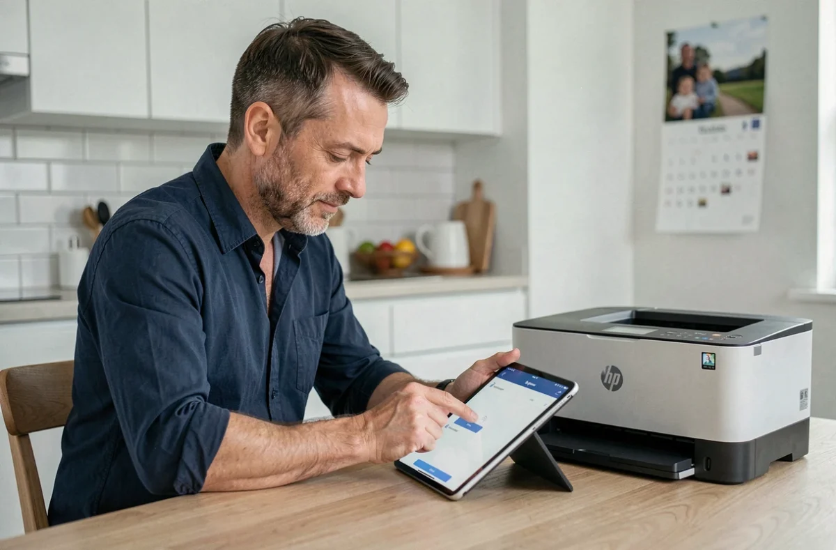 Homme configurant le partage réseau Wi-Fi d'une imprimante HP laser depuis une tablette dans une cuisine familiale