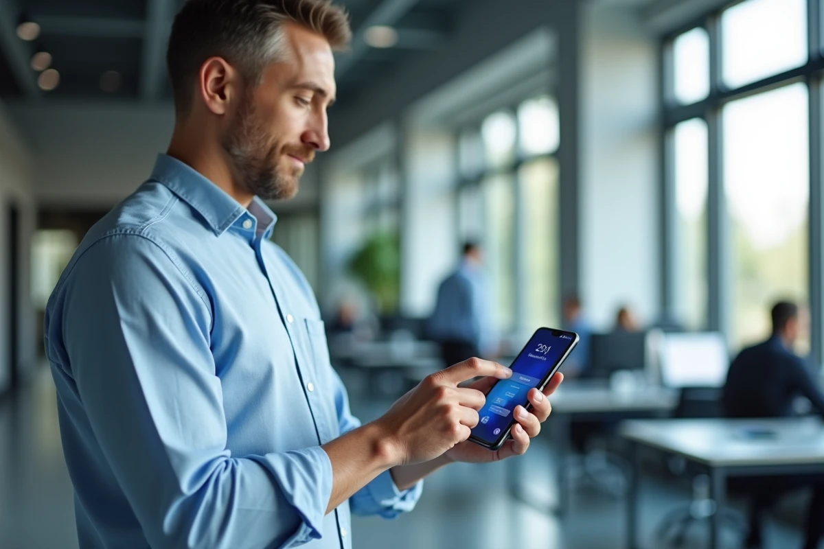 Homme configurant les paramètres réseau du Samsung Galaxy A25 5G dans un open space professionnel