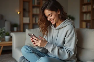 Jeune femme configurant une sonnerie personnalisée sur un iPhone dans un salon moderne