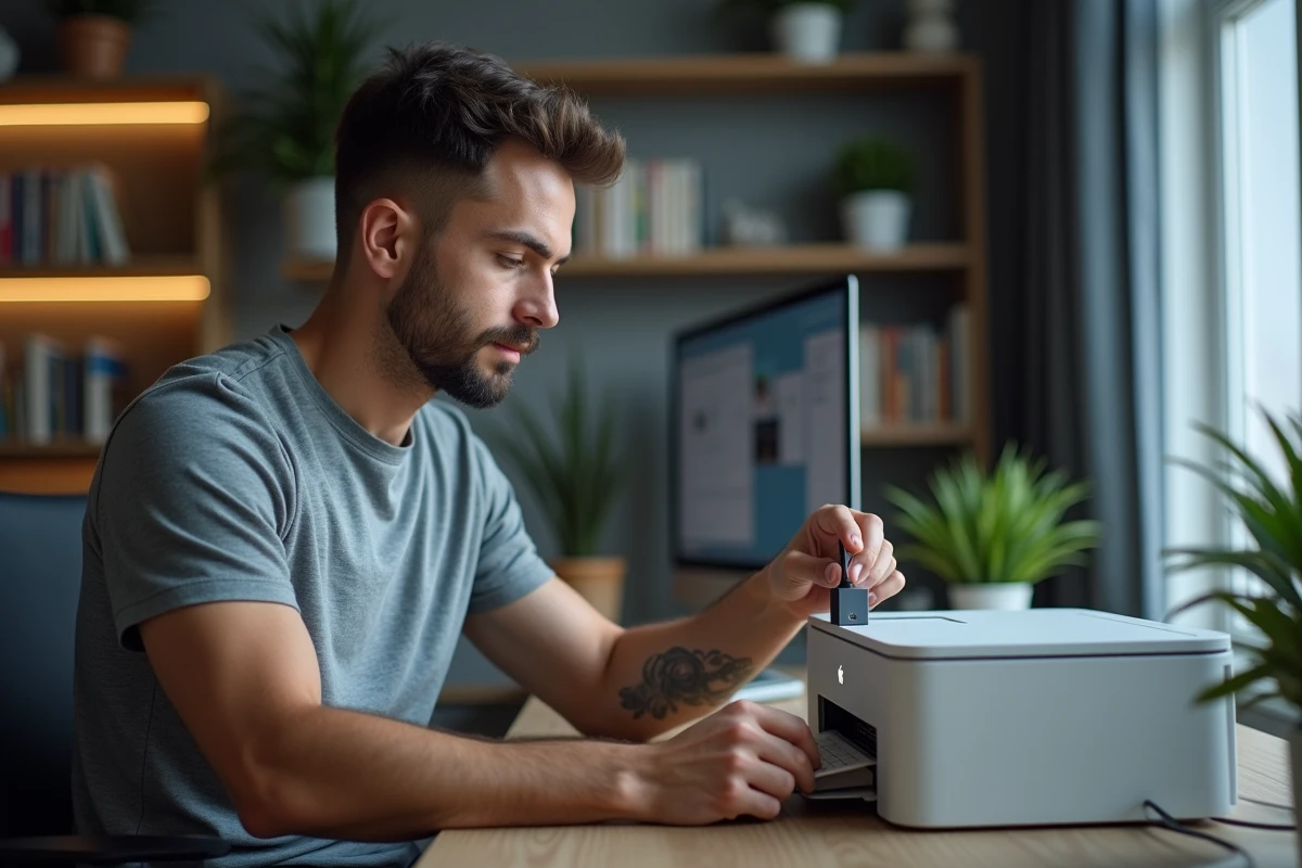 Homme connectant un câble USB B à une imprimante avec un adaptateur USB C dans un bureau à domicile