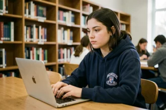 Étudiante se connectant pour la première fois à sa messagerie académique de l'université de Lille depuis un ordinateur portable en bibliothèque