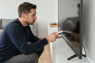 Homme branchant un transmetteur HDMI sans fil 4K derrière une télévision murale dans un salon moderne