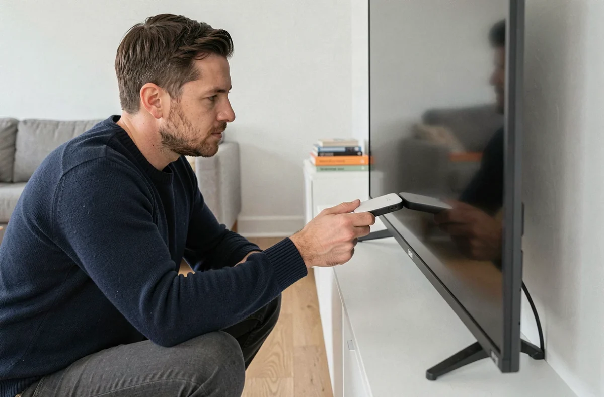 Homme branchant un transmetteur HDMI sans fil 4K derrière une télévision murale dans un salon moderne