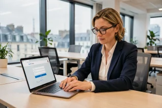 Femme professionnelle se connectant à son webmail sur un ordinateur portable dans un bureau moderne à Nantes