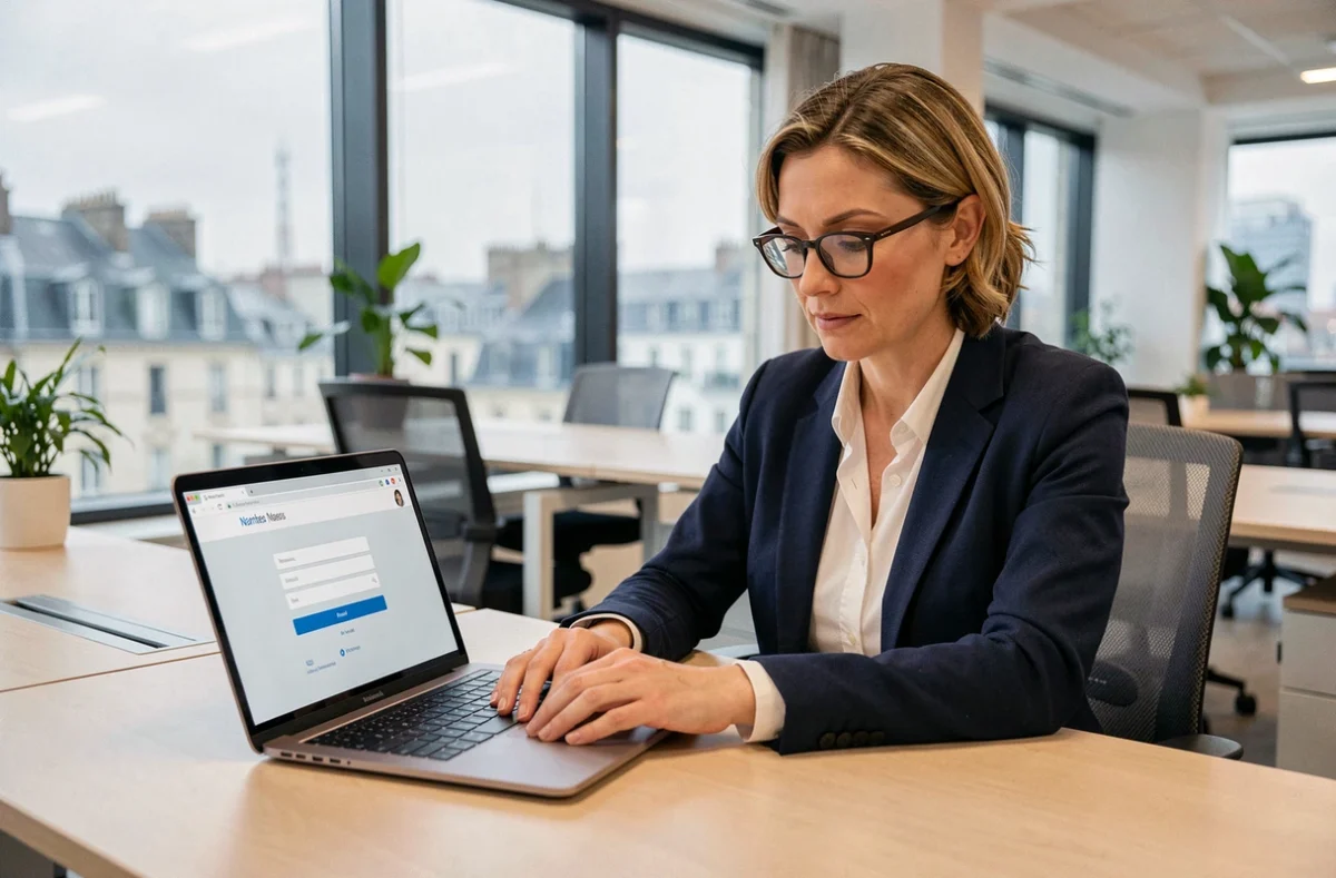 Femme professionnelle se connectant à son webmail sur un ordinateur portable dans un bureau moderne à Nantes