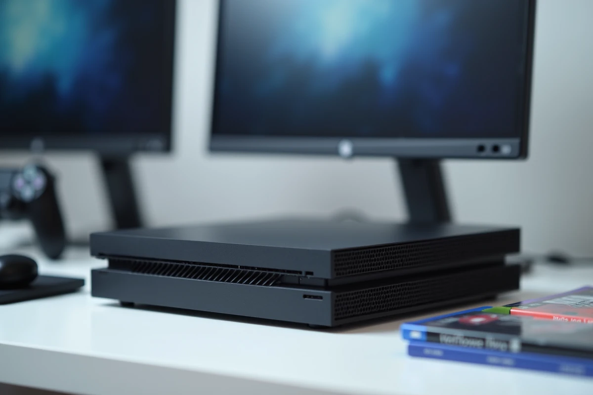 Console Xbox nouvelle génération posée sur un bureau minimaliste entourée de jeux physiques et d'une manette sans fil