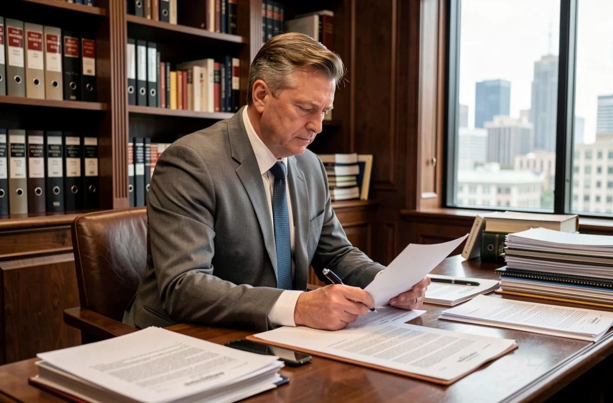 Consultant juridique masculin analysant des documents légaux dans un bureau classique, représentant la conformité et le conseil en matière de droits numériques