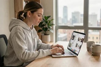 Jeune femme consultant des stories Instagram anonymement sur un ordinateur portable dans un bureau moderne