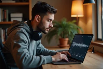 Jeune homme avec casque audio travaillant sur un convertisseur YouTube MP3 sur son ordinateur portable dans un bureau à domicile moderne