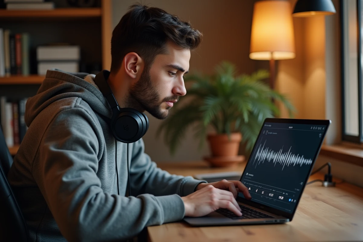 Jeune homme avec casque audio travaillant sur un convertisseur YouTube MP3 sur son ordinateur portable dans un bureau à domicile moderne