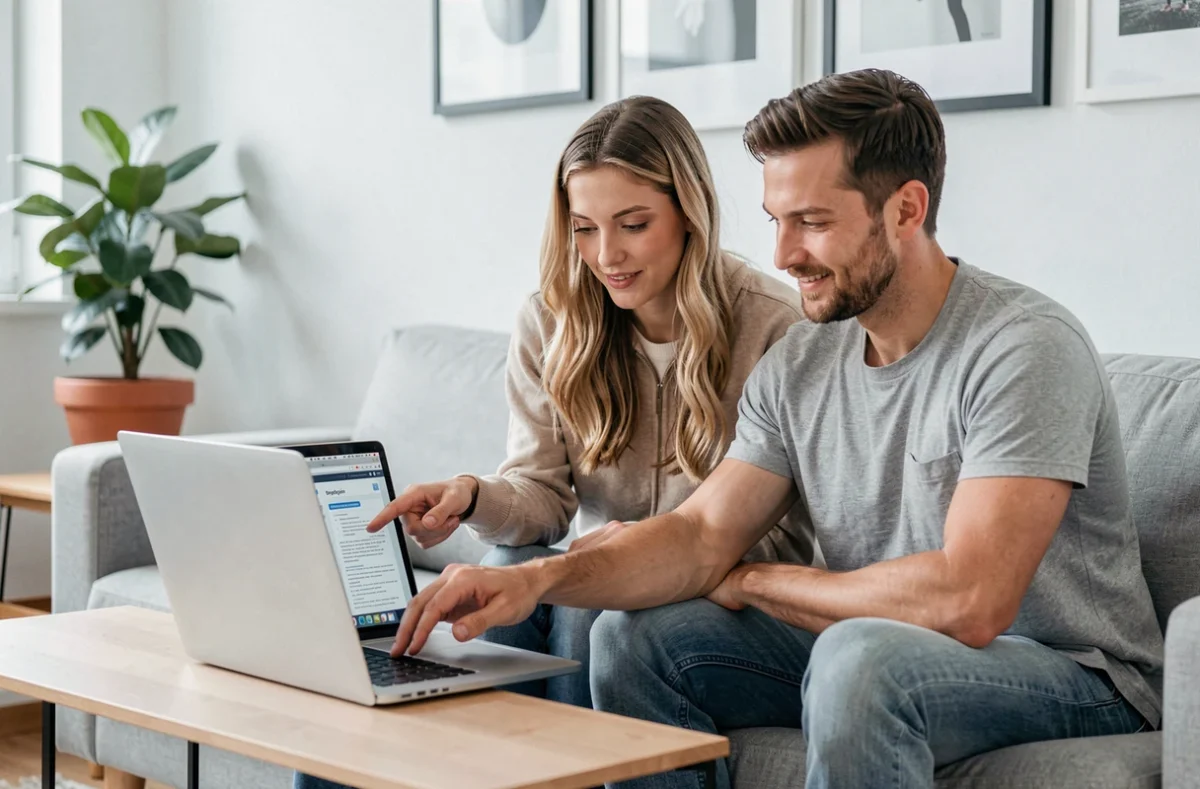 Deux adultes apprenant ensemble les bases de l'informatique sur un tutoriel PDF affiché sur un ordinateur portable dans un salon moderne