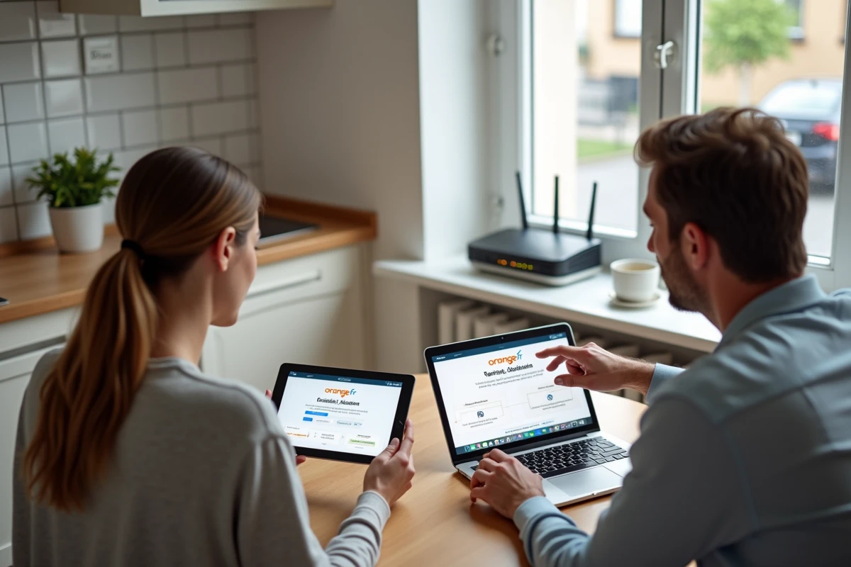 Couple consultant le service assistance Orange sur tablette et ordinateur pour dépanner leur TV sans couper internet