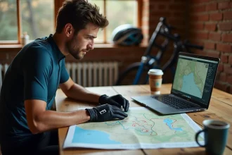 Cycliste VTT analysant des tracés GPX sur ordinateur portable et carte topographique pour préparer une randonnée